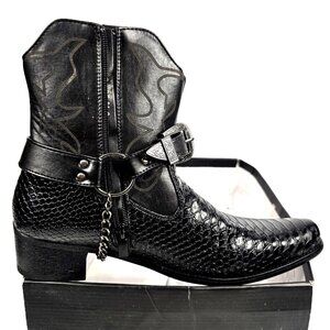 Metro Charm Belt Buckle Chain Strap Black Western Cowboy Ankle Boots Mens Size 9